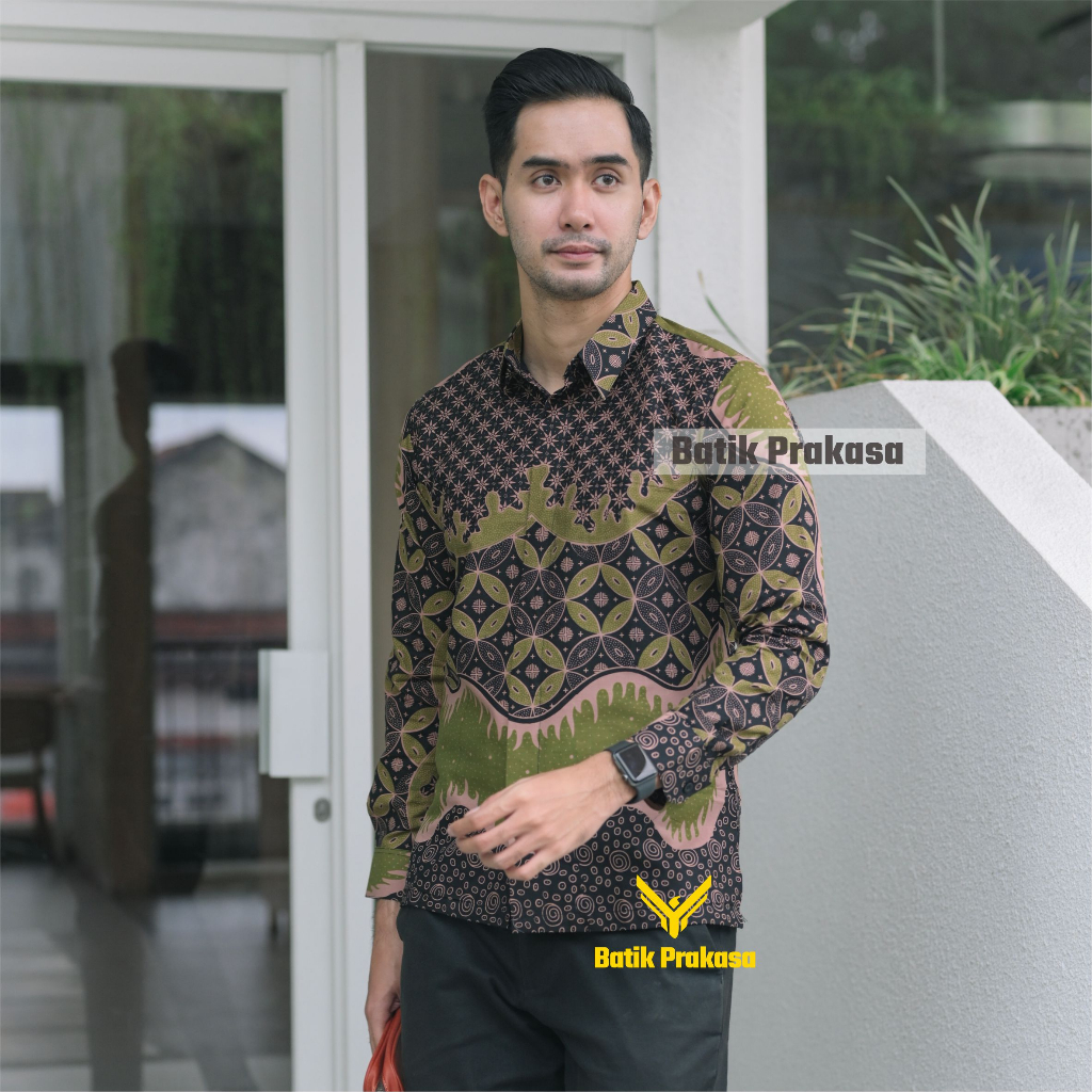 Kemeja Batik Prakasa Motif Dipa Dahana Hijau Slimfit Lengan Panjang Batik Solo