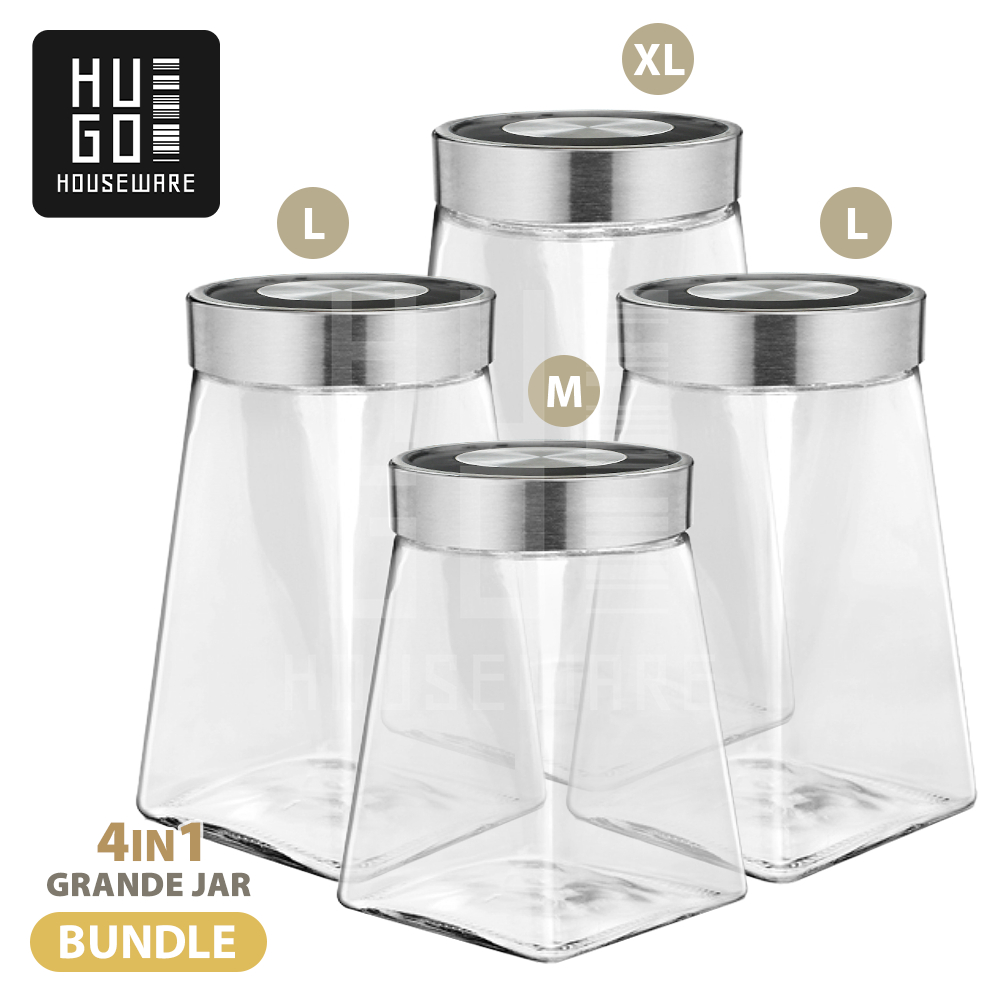 HUGO Toples Kaca Set 4 Pcs Toples Kue Kedap Udara Bening Tutup Stainless Premium Quality