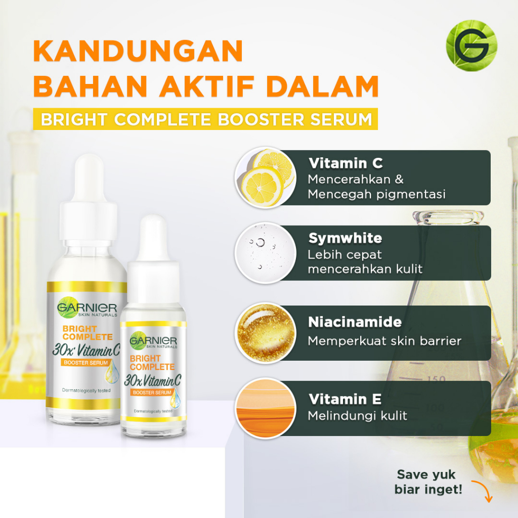 Garnier Light BRIGHT Complete Vitamin C 30x Booster SERUM Wajah (Cerahkan Noda Hitam) - 30 ml / 15 ML / Sachet 7,5 ML - Yuzu Kuning Ukuran Kecil Besar Sacet Saset BPOM Wajah Putih Glowing