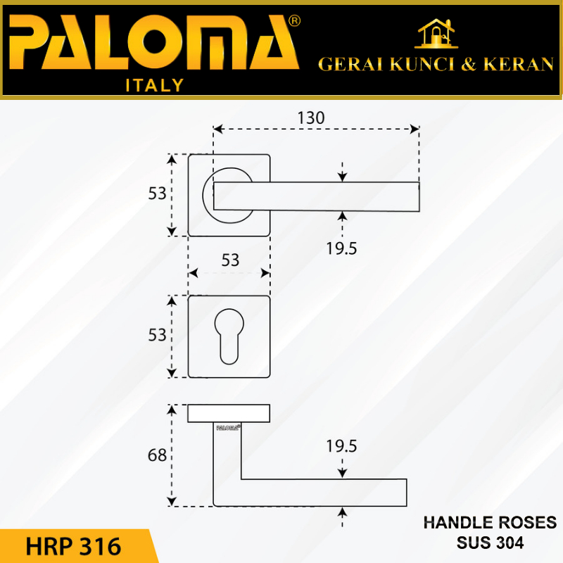 Handle Pintu Roses PALOMA HRP 316 LHT CALVO SQ STAINLESS STEEL