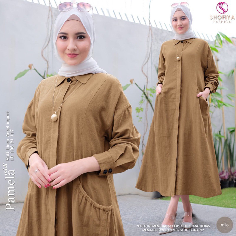 Midi dress wanita katun linen motif polos kekinian halus adem premium. Pamela midi by Shofiya