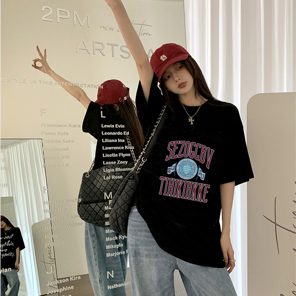 American Retro Baju Kaos Wanita Lengan Pendek Letter Motif Printed Kaos Hitam Oversize Kekinian Kaos Basic