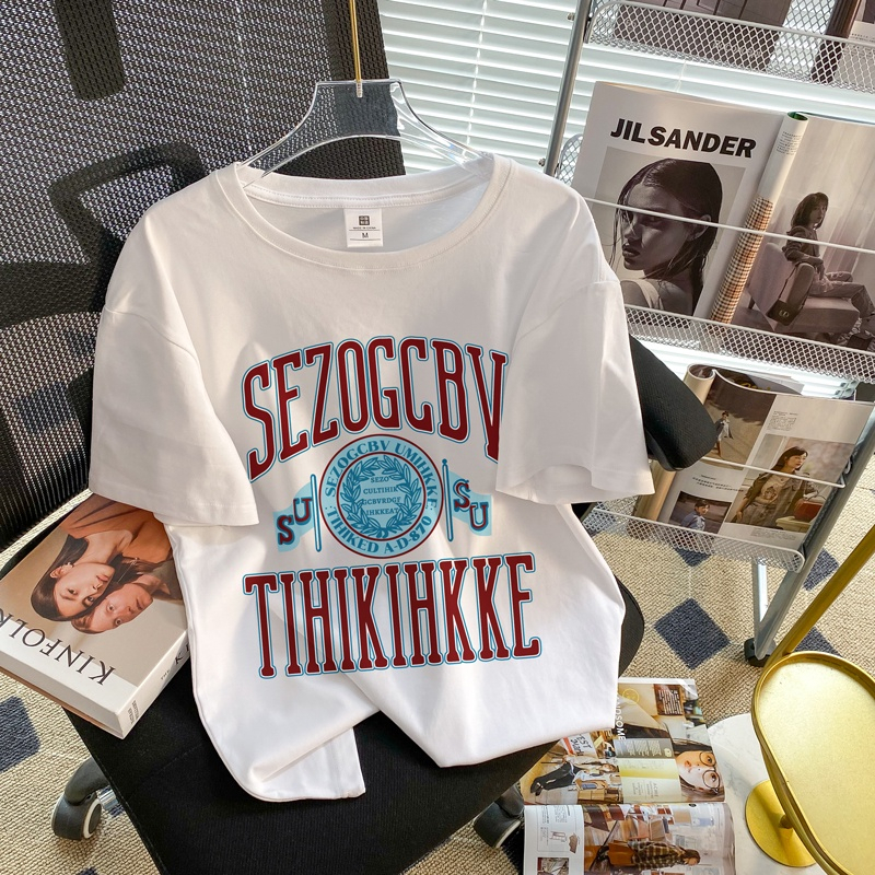 American Retro Baju Kaos Wanita Lengan Pendek Letter Motif Printed Kaos Hitam Oversize Kekinian Kaos Basic