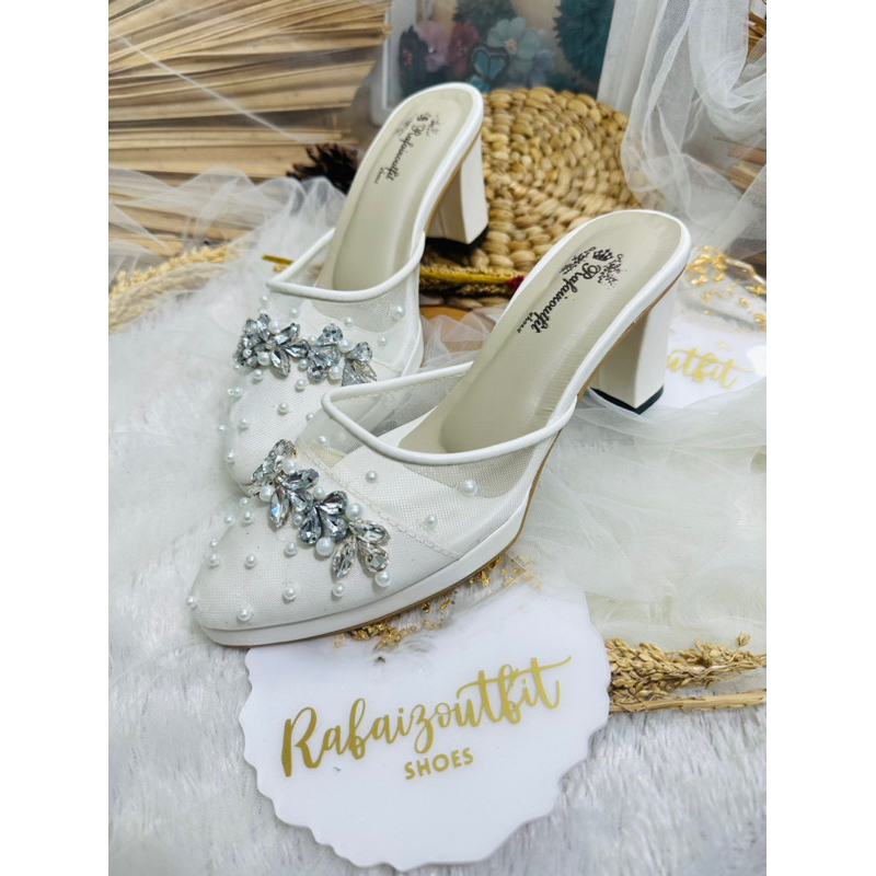 sepatu wedding dhanda tanpa tali putih 9cm platform