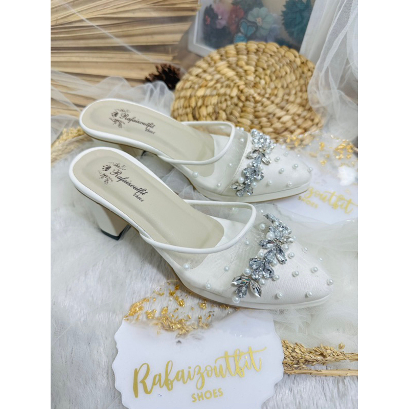 sepatu wedding dhanda tanpa tali putih 9cm platform