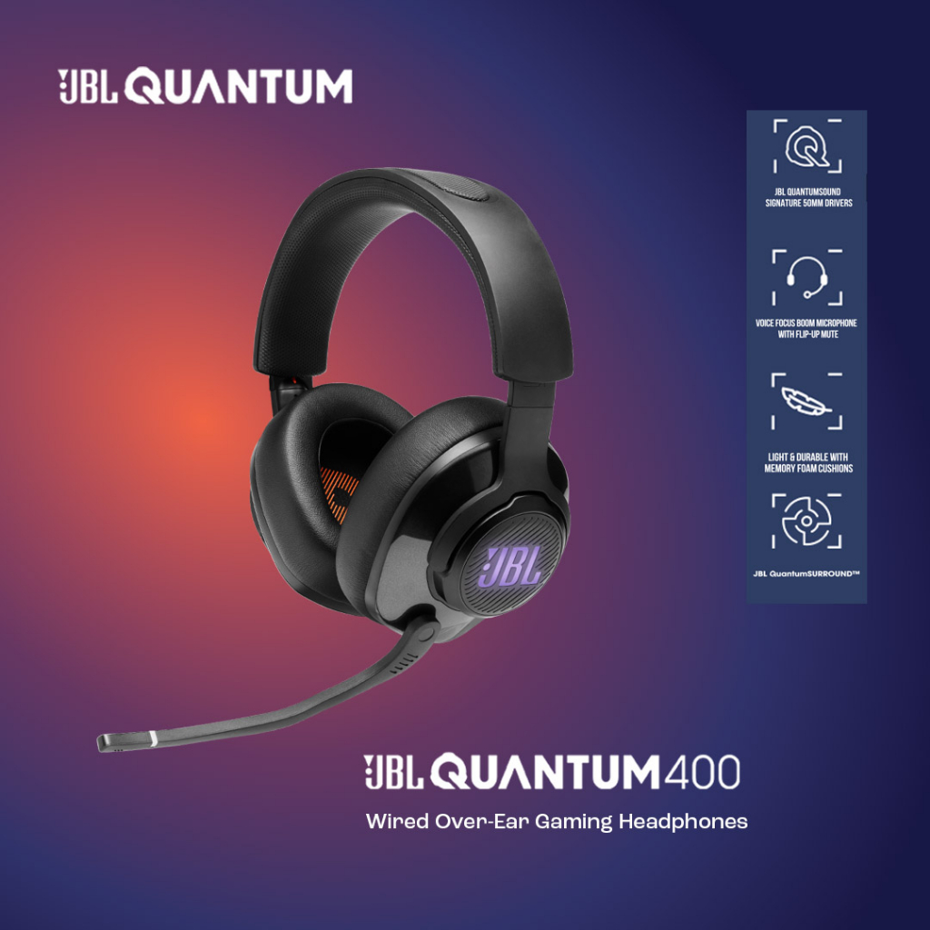 JBL Quantum 400 Wired Over-Ear Gaming Headset with RGB+Surround Sound - Garansi Resmi