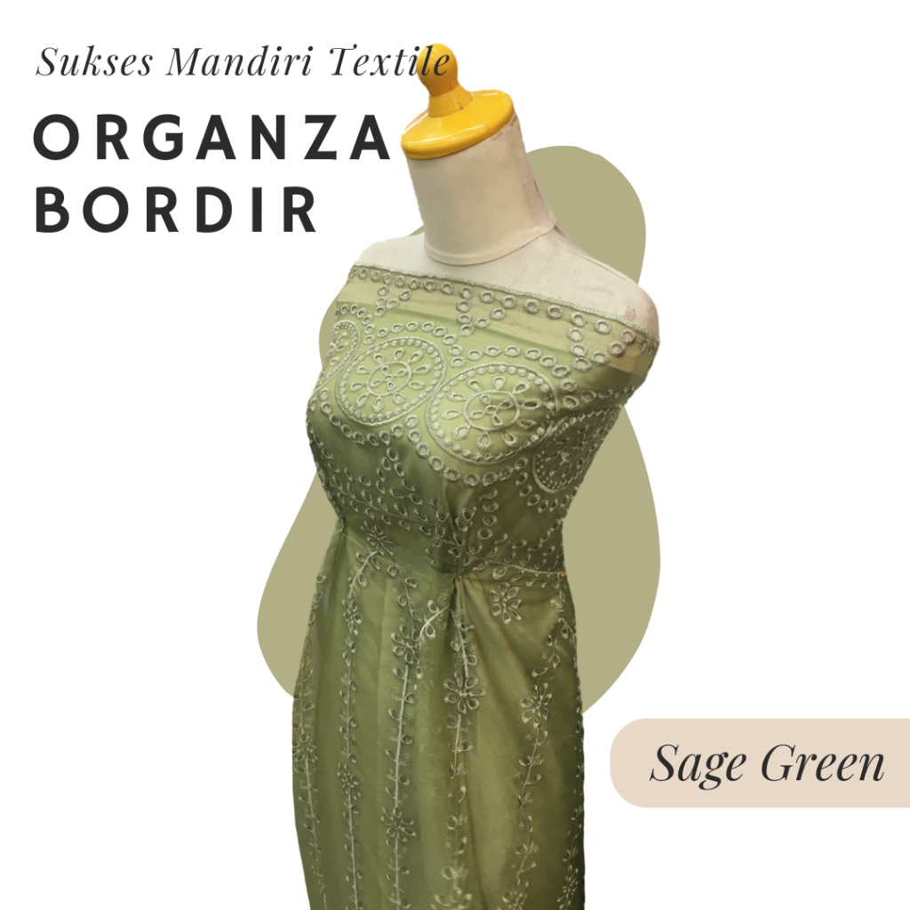 Kain Organza Bordir Kain Organza Motif Warna Sage Green Hijau Sage Matcha | Lebar bahan 150 cm | Har