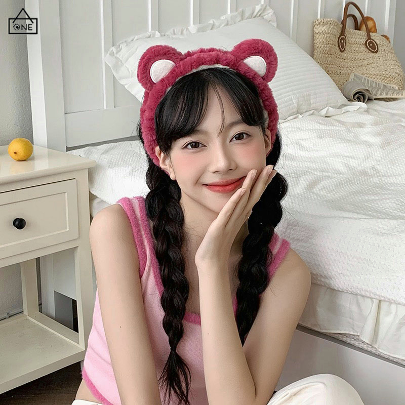 COD❤️Bando Lotso Karakter Telinga Bear Lucu Korea Beruang Stroberi Headband Bandana Ikat Kepala Mewah Cuci Muka Wanita Hiasan Kepala Jepit Rambut