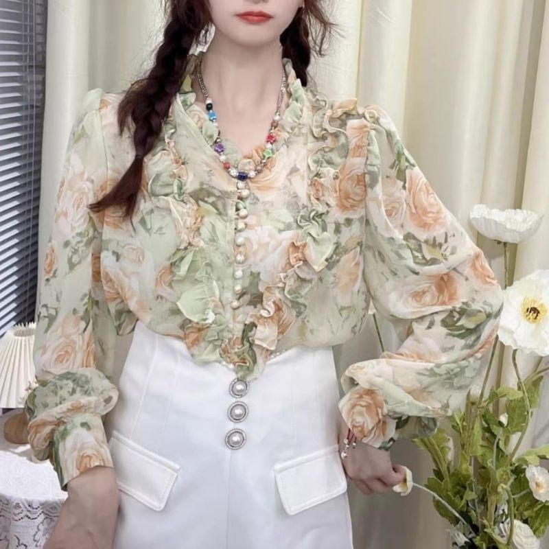 MDLV ~ 7700# Soyya Raffled Blouse Flower korea