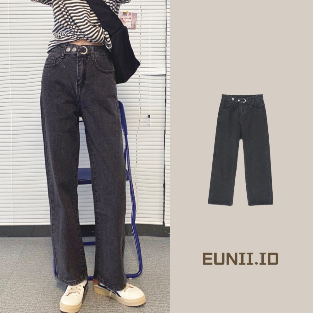 EUNII Celana Jeans Wanita Hitam Grey High Waist Loose Retro Kasual Denim Korean Style