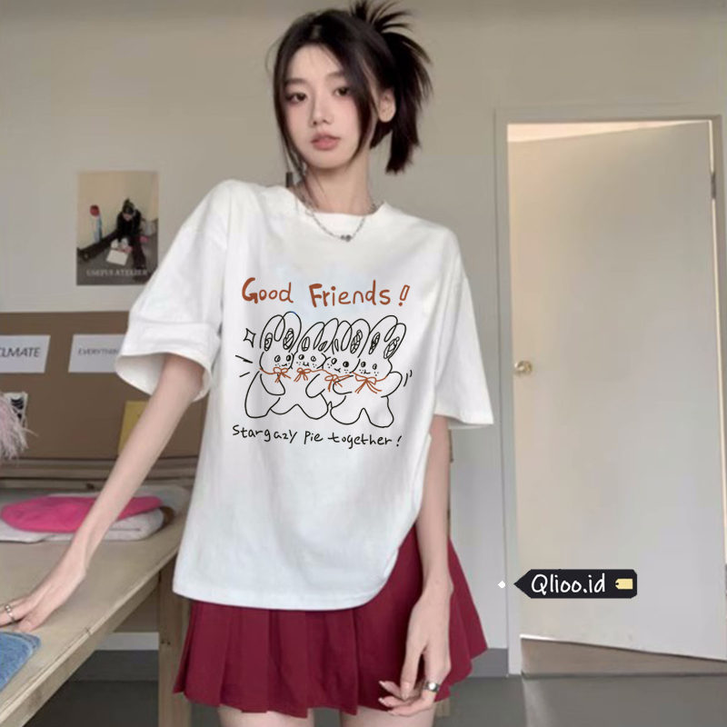 Print T-shirt Kaos Lengan Pendek Cartoon Happy Good Friend Baju Wanita Oversize Korean Style