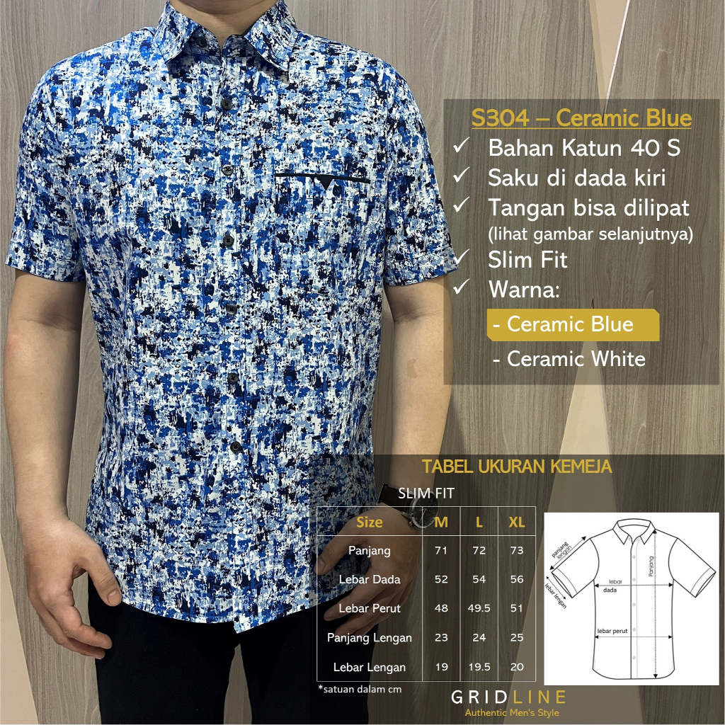 [GRIDLINE - S304 Ceramic White &amp; Blue - S103 Navy] Kemeja Slimfit Pria Katun Lengan Pendek Simple Premium M-XXL