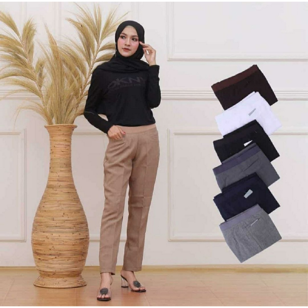 Celana Kerja Formal Wanita Slimfit Bahan Semi Wol Pinggang Full Karet dan Regular Resleting