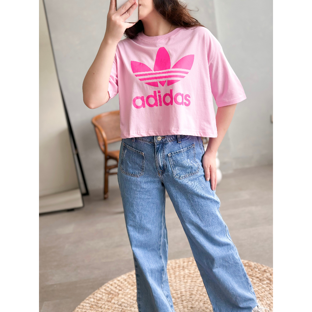 INFINITEE Kaos Croptop Wanita Lengan Pendek Warna Pink