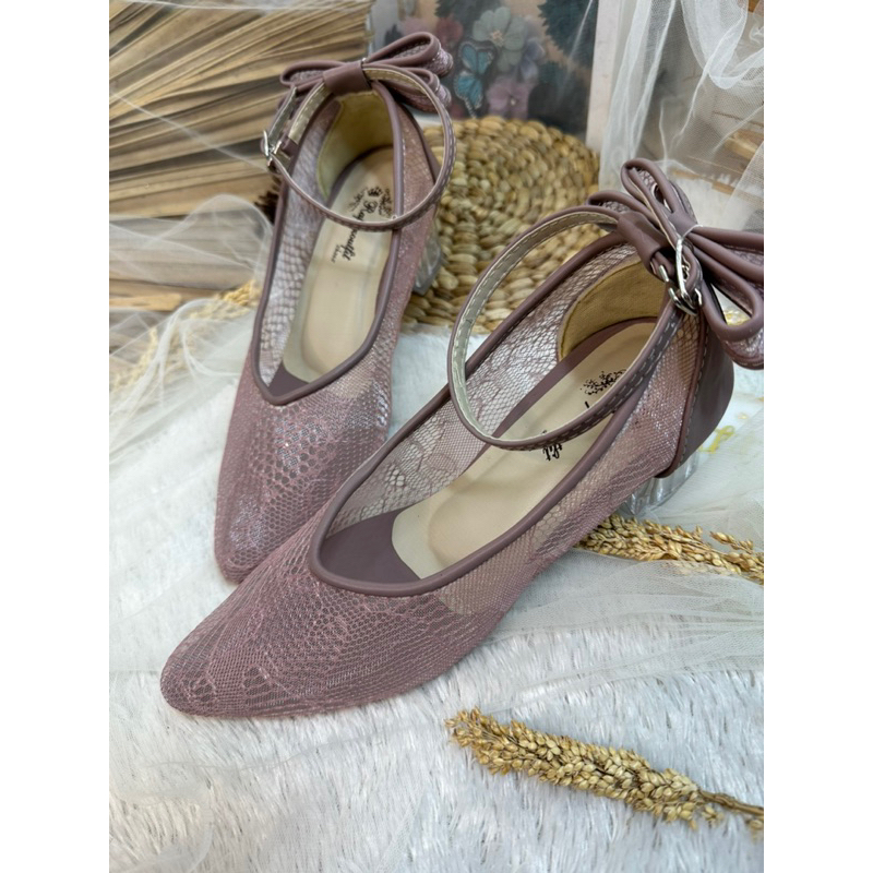 sepatu wanita Vilea mauve pita 5cm kaca