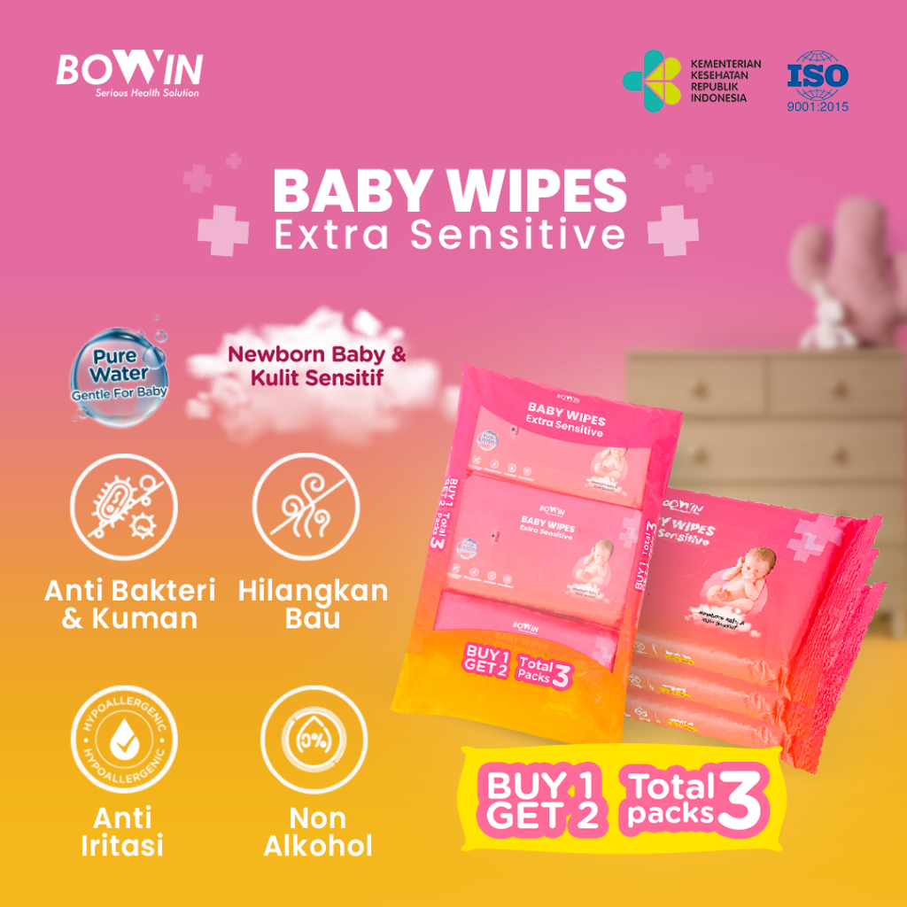 Bowin Baby Wipes Pure Water Newborn &amp; Sensitive Skin [Buy 1 Get 2 = Total 3 Packs]