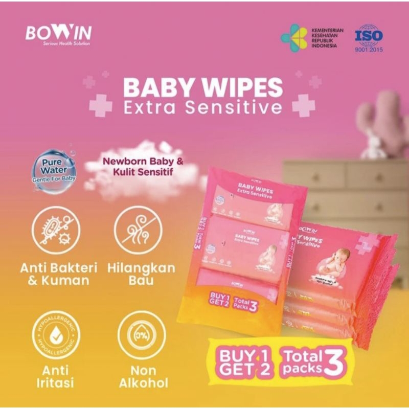 Bowin Tissue Basah PureWater Newborn &amp; Extra sensitive (1 Bag = 3 Pack)