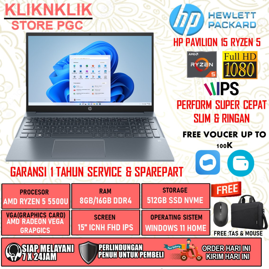 LAPTOP GAMING HP PAVILION 15 AMD RYZEN 7 5700U RAM 8GB 16GB 512GB SSD FHD IPS WINDOWS 11 HOME BLUE