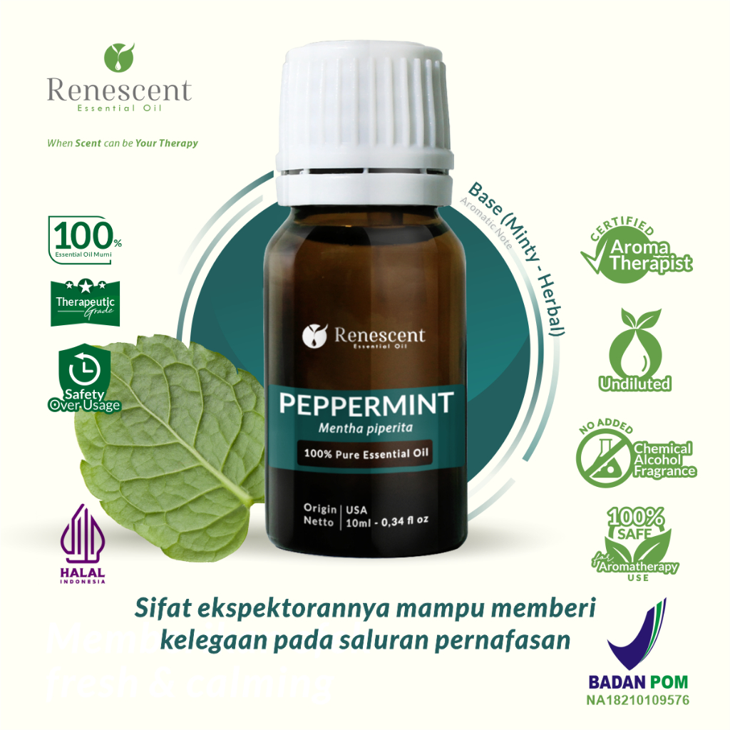 Renescent Peppermint Essential Oil 10ml Diffuser Aromatherapy Humidifier Air Purifier Lilin Aromaterapi