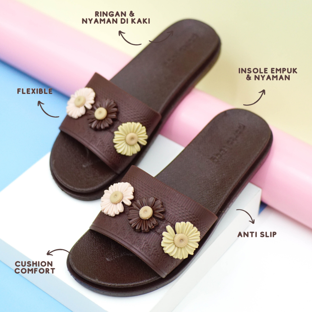 ELA-2 - Porto Leveling Sandal Wanita Selop Slip Santai Rumahan Flat Korea Cantik Motif Bunga Nyaman Empuk Porto Lady