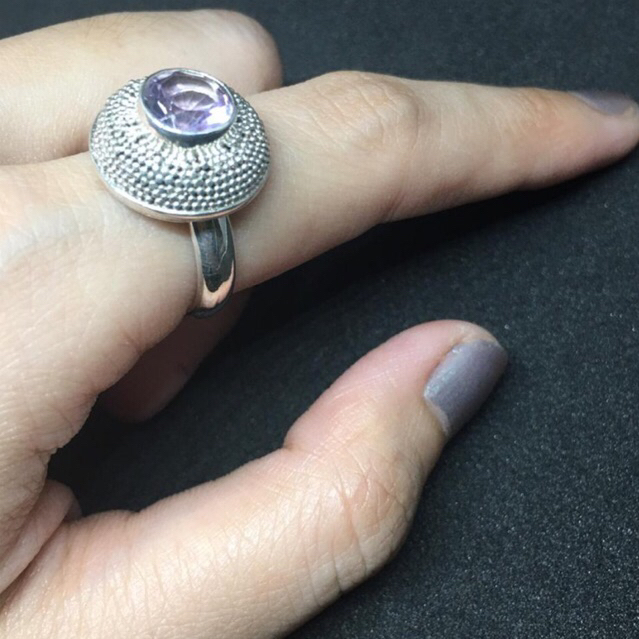 Cincin Perak Bakar Wanita 925 Asli Amethyst Muda Bundar