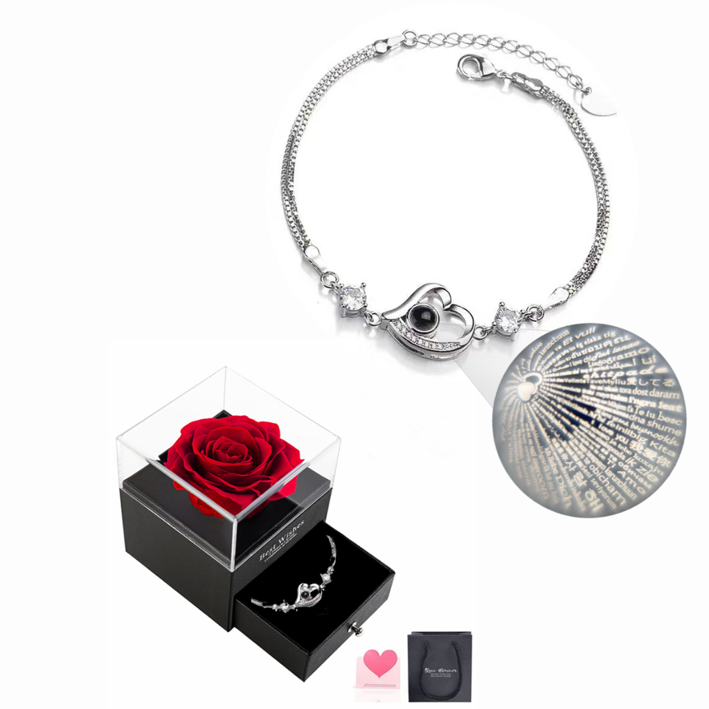 Topspot Wanita Gelang atau Proyeksi Hati, Gelang atau Cinta 925 Sterling Silver Memory of Love - 100 Bahasa yang Berbeda untuk I Love You Hadiah Paket Set Diawetkan Mawar Preserved Rose