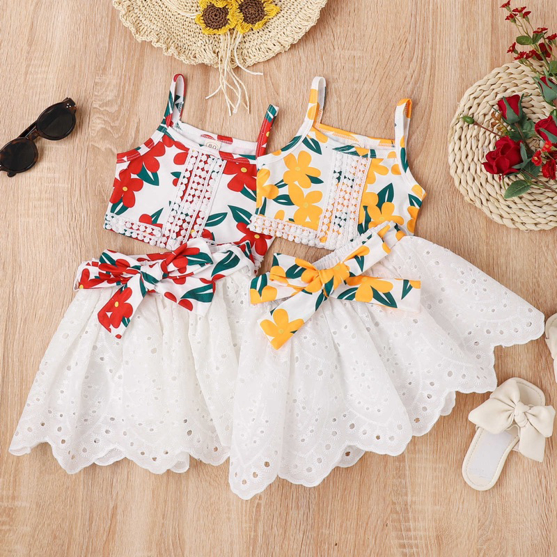 littleflamingo Setelan baju crop top bunga kuning merah + rok anak perempuan
