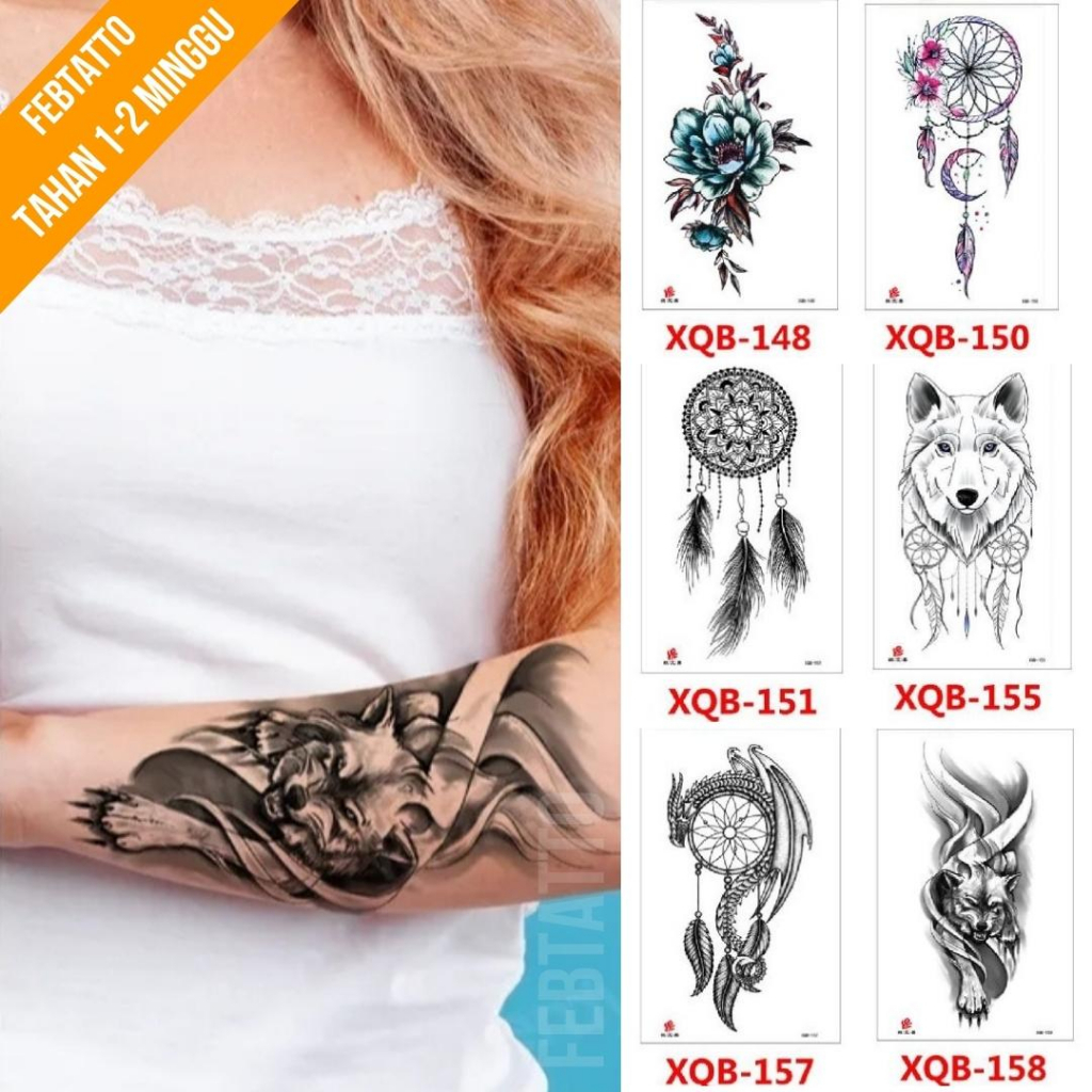 Tato Temporer Ukuran 21cmx11cm Tato Lengan Tato Dada Tato tangan Tato Kaki Tato Punggung Tato Jari  Motif Aesthetic Tatto Temporary Stiker Tato Halal Grosir Tato air motif bunga, dream catcher, serigala XQB 158