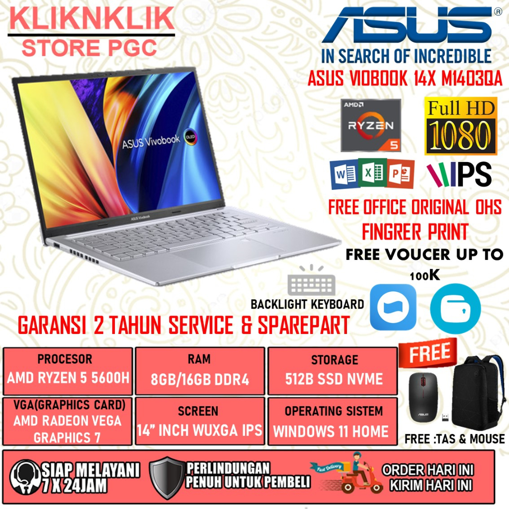 ASUS VIVOBOOK 14X M1403QA VIPS552 AMD RYZEN 5 5600H RAM 8GB 512GB SSD WUXGA IPS FP WIN 11 HOME OHS TRANSPARENT SILVER