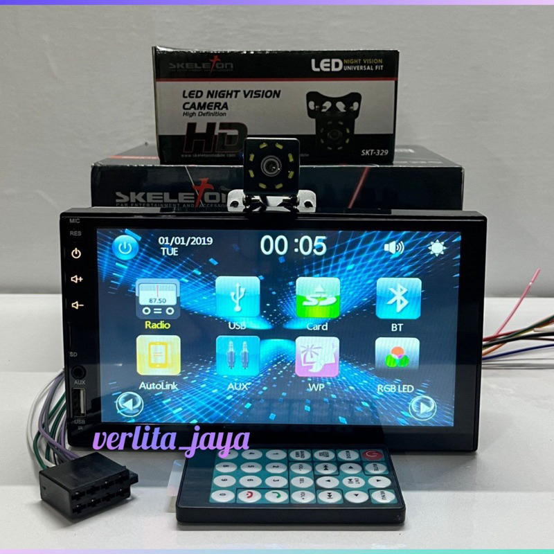 TAPE MOBIL DOUBLE DIN MP5 SKELETON HEAD UNIT SKT -8197 7 INCH BONUS CAMERA MUNDUR SKELETON