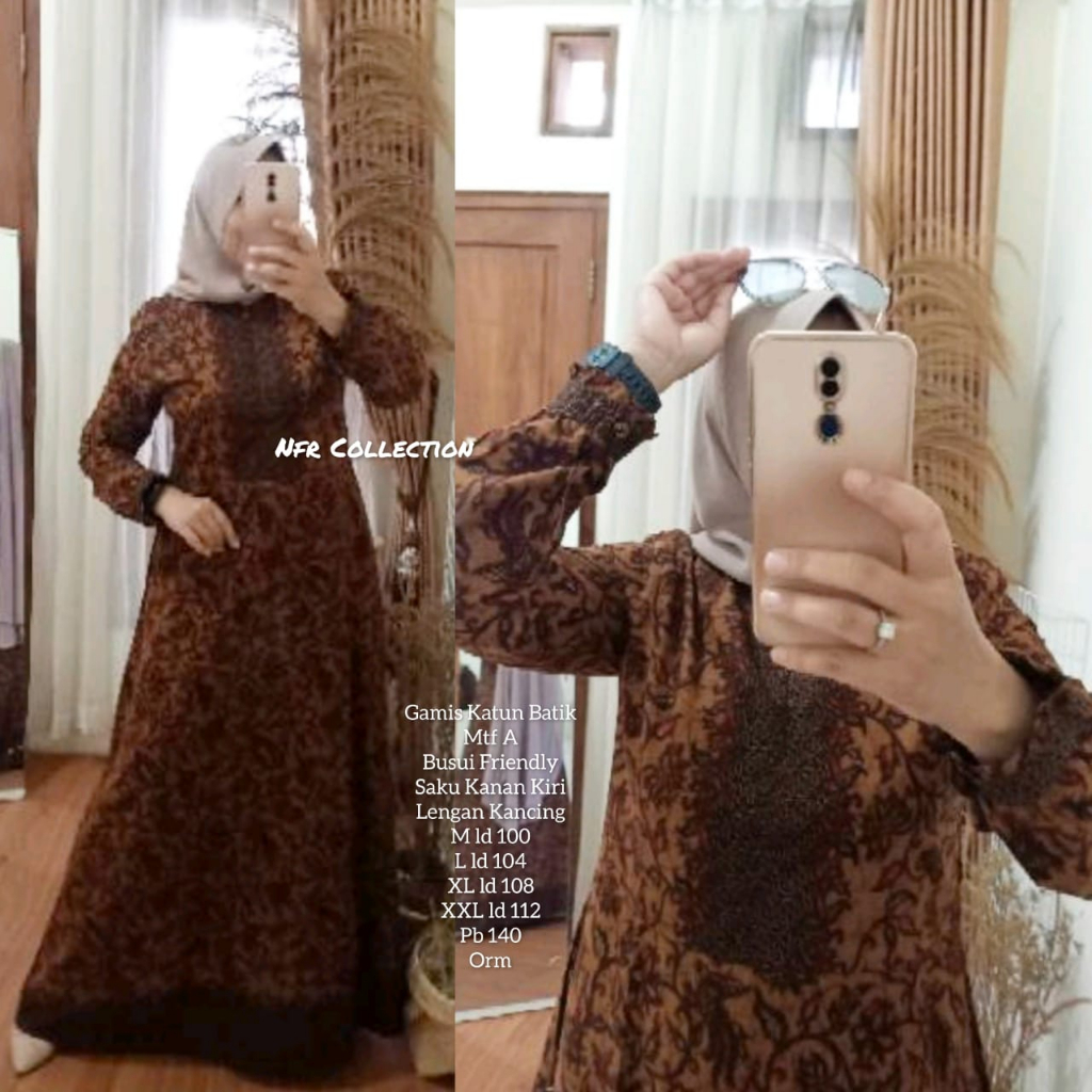 gamis batik lidya coklat busui M ld 100 L ld 104 XL ld 108 XXL ld 112 Pb 140