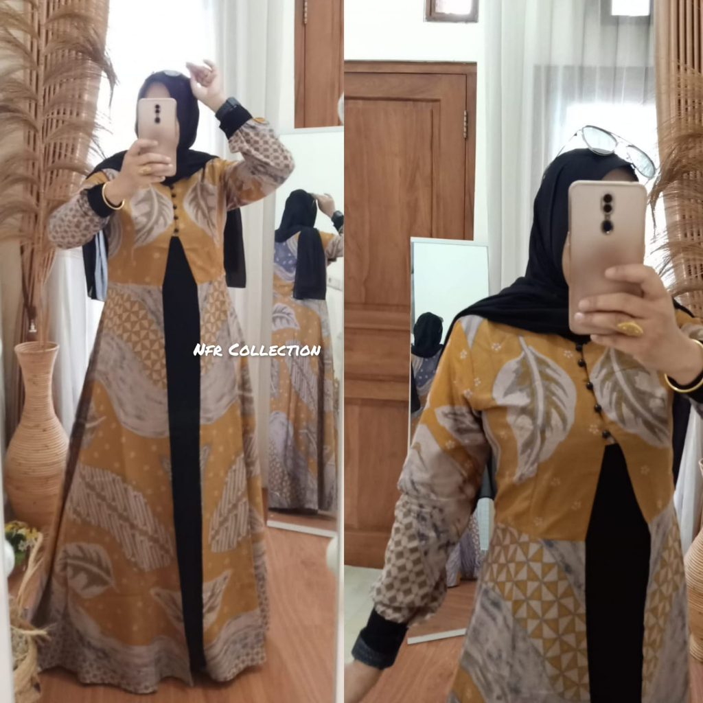 set gamis + outer lidya batik M ld 96 L ld 98 XL ld 102 Pb 136 cm