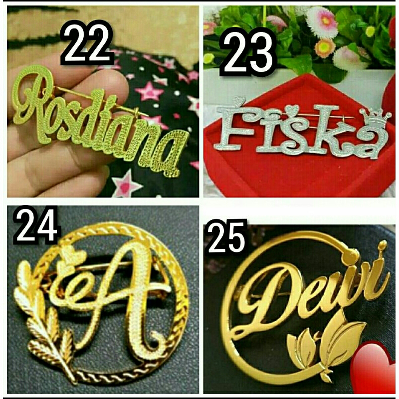 Bros nama custom lapis emas anti karat / pin nama / aksesoris peniti hijab kerudung