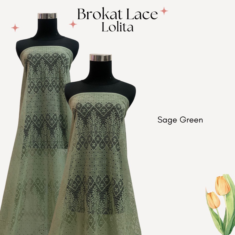 Bahan Kain Brokat Brukat Lace Renda Halus Motif Padi Kecil Lolita Warna Hijau Sage Green