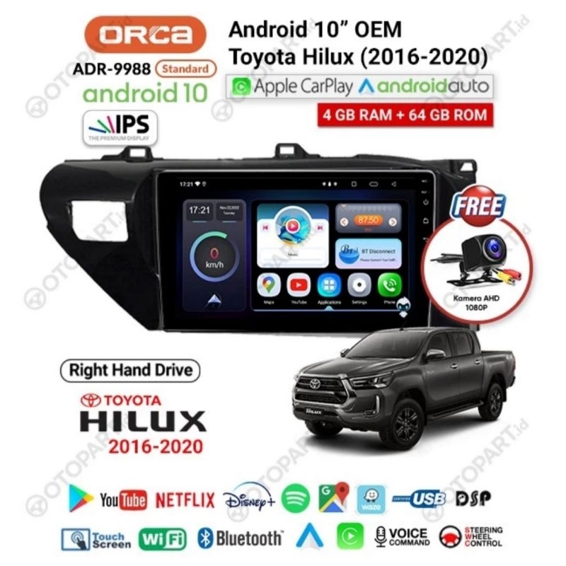 HEAD UNIT ANDROID NEW HILUX ANDROID 10&quot; ORCA RAM 4/64GB APPLE CARPLAY NEW HILUX