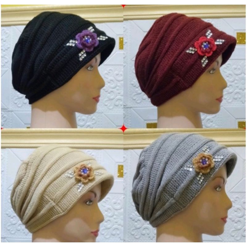 Ciput/kerpus rajut nenek turban ibu payet bunga Ck