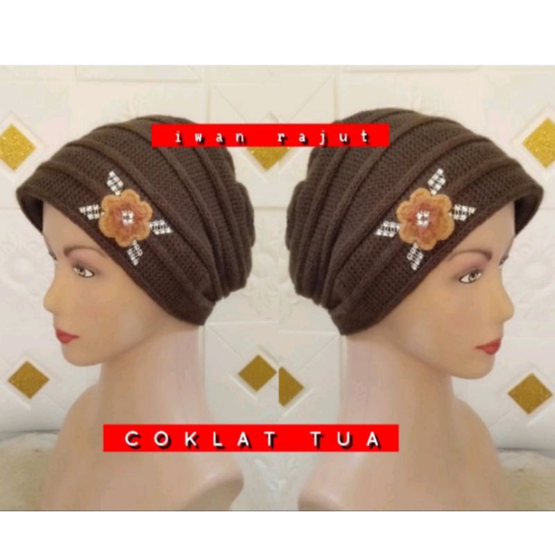 Ciput/kerpus rajut nenek turban ibu payet bunga Ck