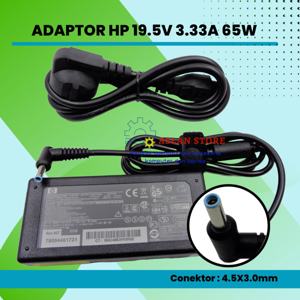 Adaptor HP 19.5V 3.33A 4.5x3.0Mm Ujung Biru 65W AC Power Laptop  HP Chromebook 11 G4 EE, 11 G5, 11 G5 EE, 14 G3 246 G4 248