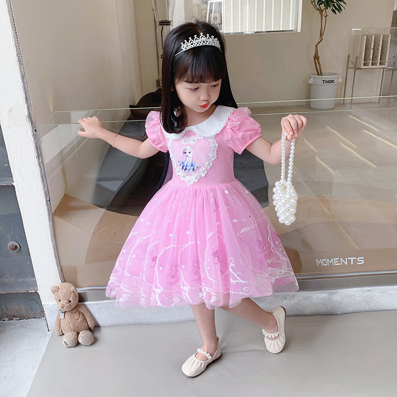 【Gratis Mahkota】Kids Girl Frozen Elsa Putri Gaun Musim Panas Tutu Tulle Bunga Kostum