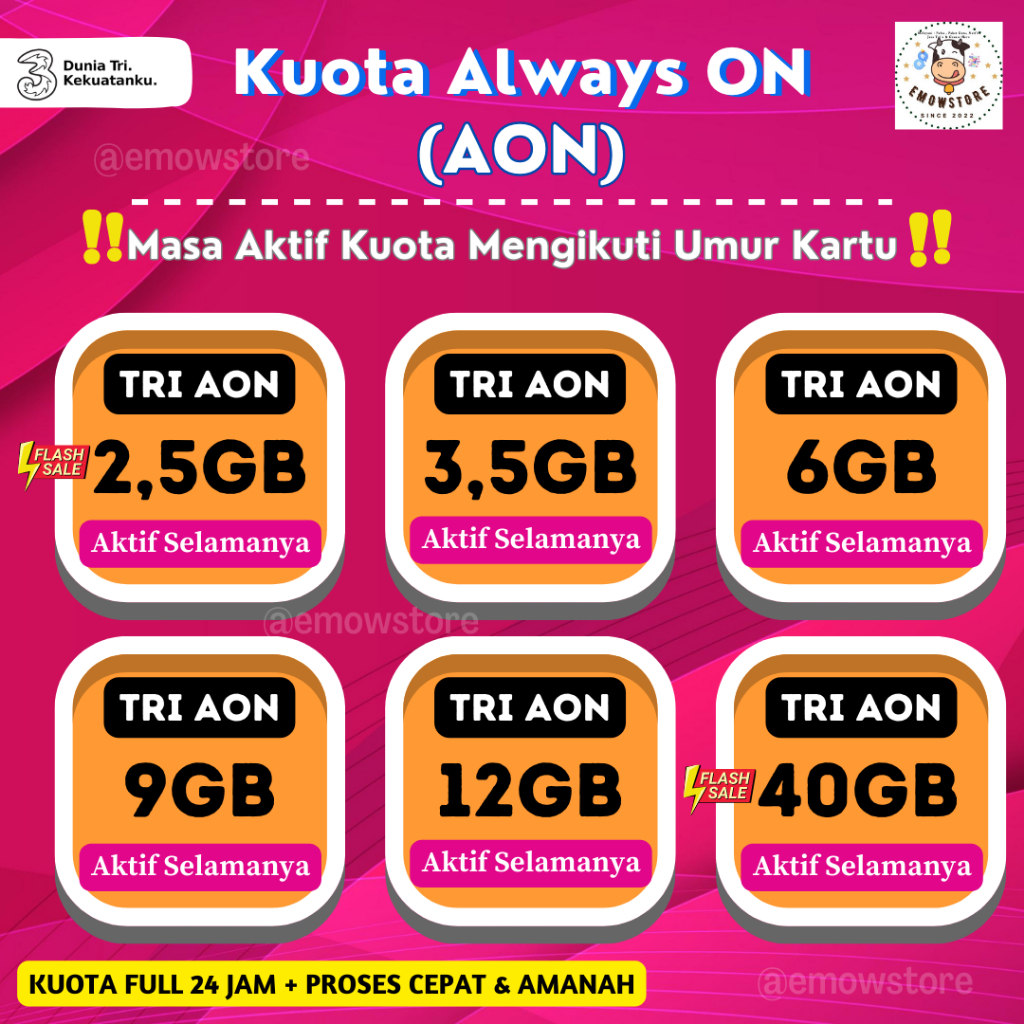 Promo Paket Internet Kuota 3 Three Tri AON 2,5GB 3,5GB 6GB 9GB 12GB 40GB Aktif Selamanya Full 24 Jam Murah
