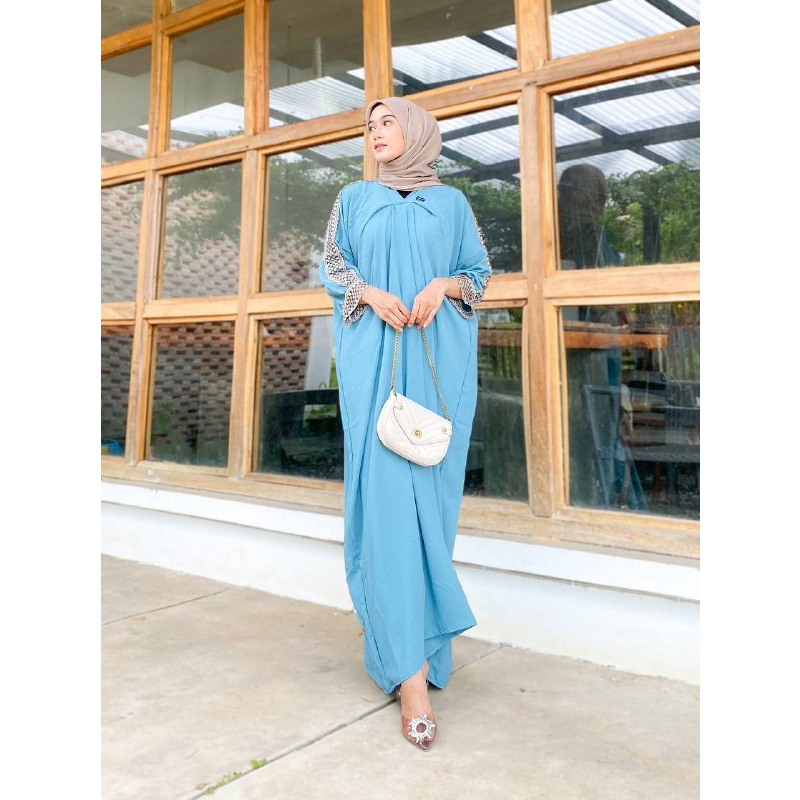 Kaftan Jumbo Wanita Bahan Crinkle AirFlow Kerah Oblong Aksen Renda Melia