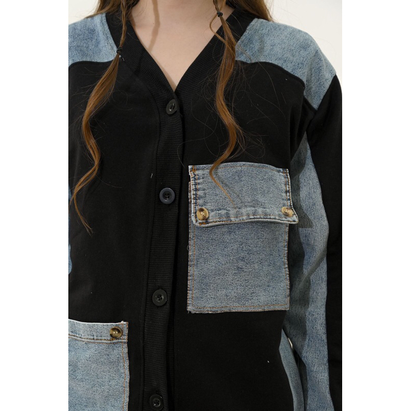KARDIGAN JEANS WANITA KANTONG TANGAN PANJANG HITAM BABYTERRY