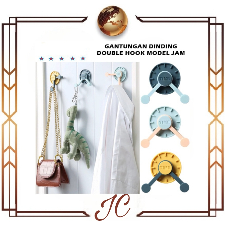 (JC) gantungan tembok double hook tempel dinding clock//gantungan baju tas