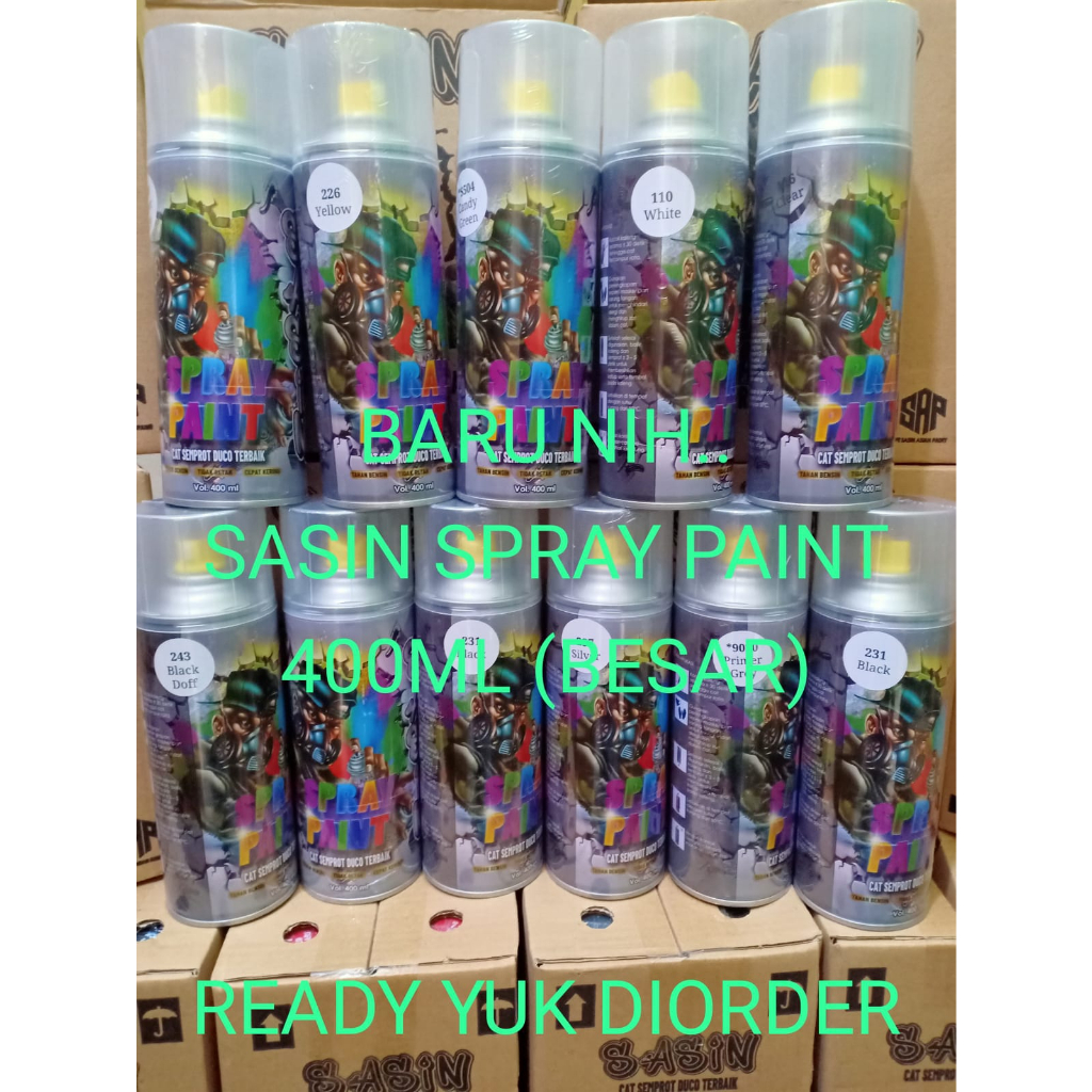 New SASIN Spray Paint Cat Semprot Duco Terbaik 400 ml Pilok Warna Putih, Clear, Hitam, Silver, Hitam