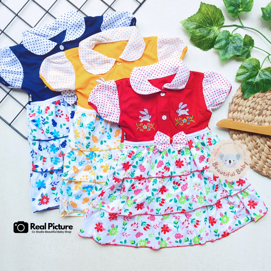 PREMIUM Dress Bayi Perempuan Motif Rabbit Flowers / Rok Baju Bayi Perempuan  Merk Syifana / Baju Bayi Perempuan/ Baby.ou