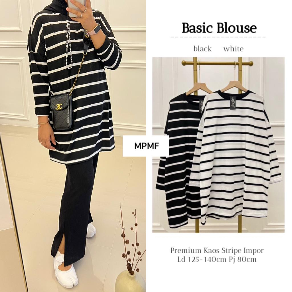 Basic Blouse Atasan Kaos Jumbo Wanita LD 125 - 140 Motif Garis Garis Stripe Import Harian Cewe Dewas