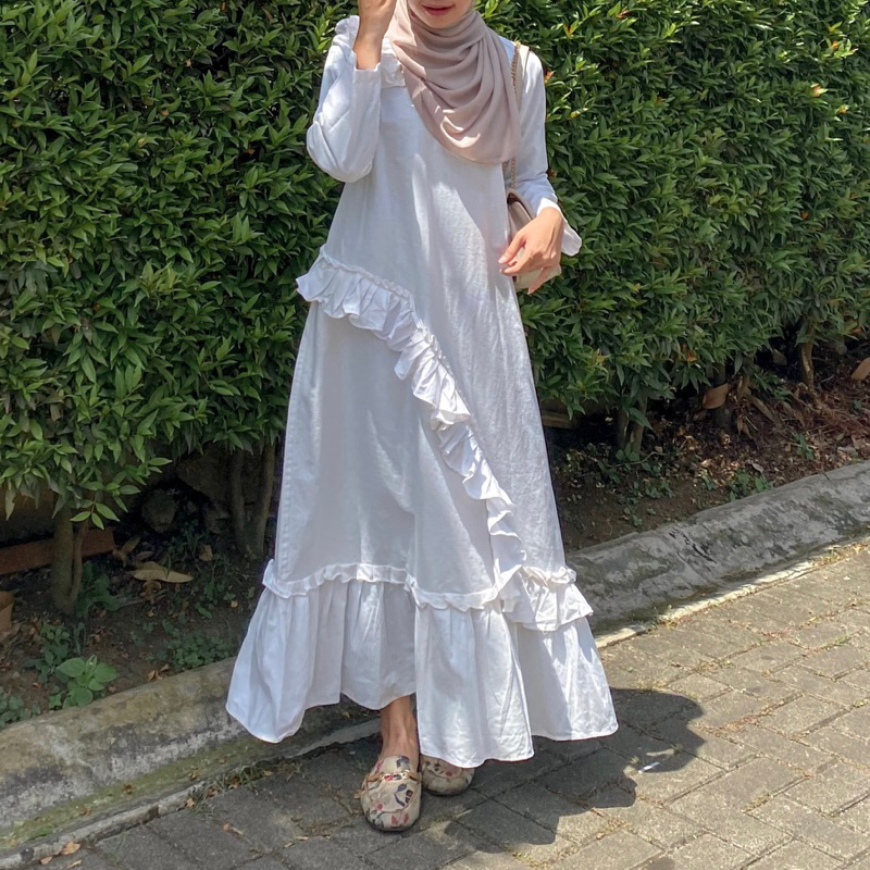 Ghanimi - Inaya Dress / Gamis Linen Ruffle Polos / gamis panjang / gamis terbaru / dress kondangan / gamis kondangan / gamis katun