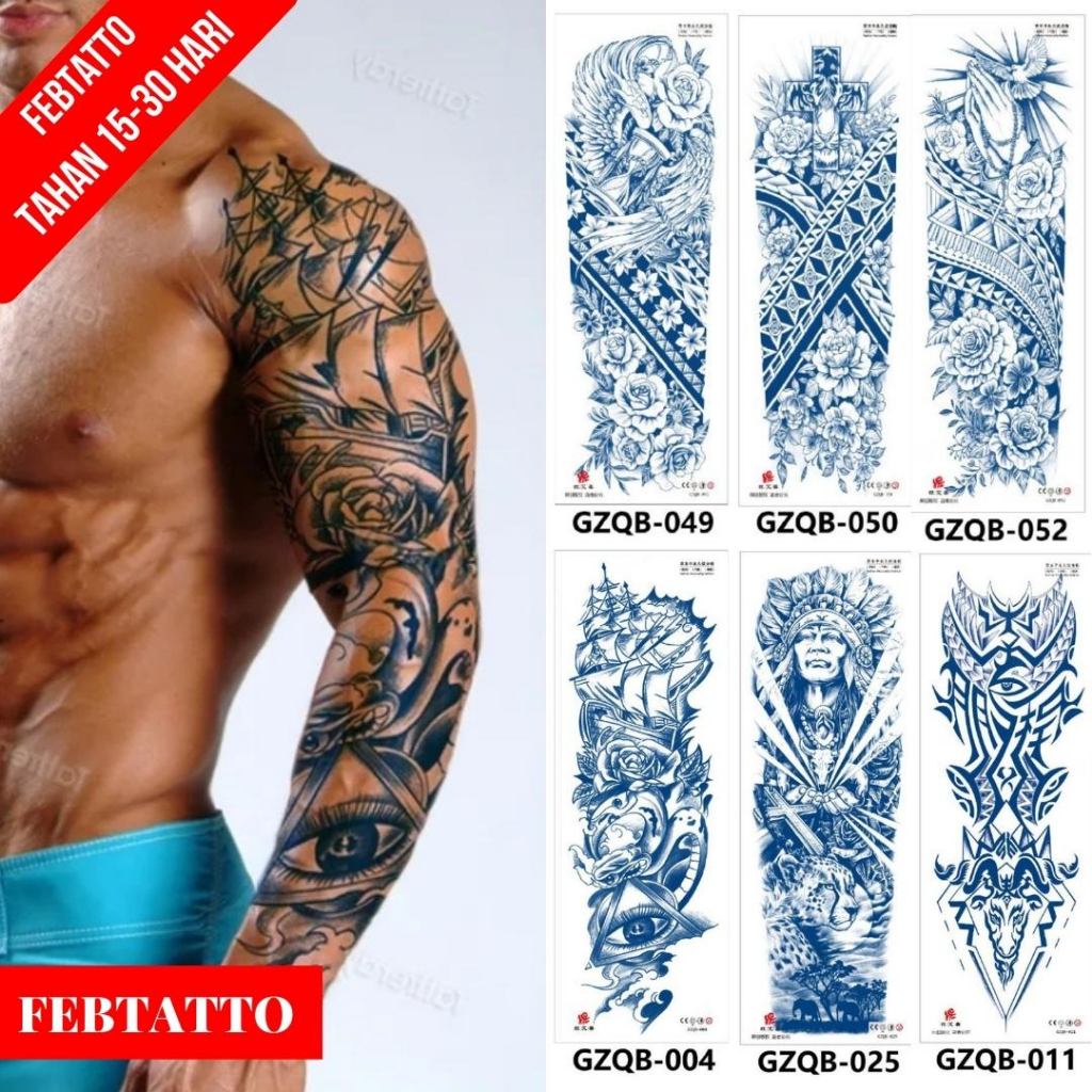 FRUIT INK Tato Semi Pemanent Tahan 1 Bulan Ukuran 17 X 48cm Motif Aesthetic Tatto Temporary Stiker Tato Halal Grosir Tato air motif sayap tribal, salib tribal, bunga tribal, iluminati, kepala kambing tribal GZQB 004