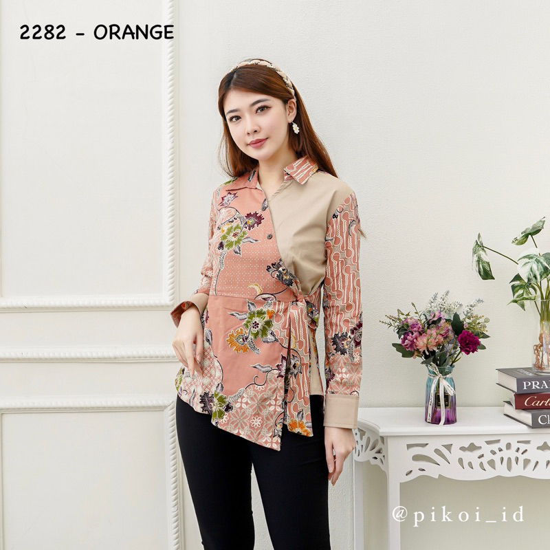 Baju batik lengan panjang / atasan batik kimono modern berkerah / seragam baju batik hijab 2282