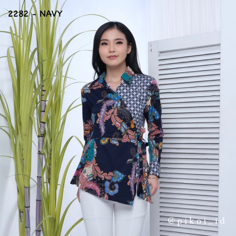 Baju batik lengan panjang / atasan batik kimono modern berkerah / seragam baju batik hijab 2282